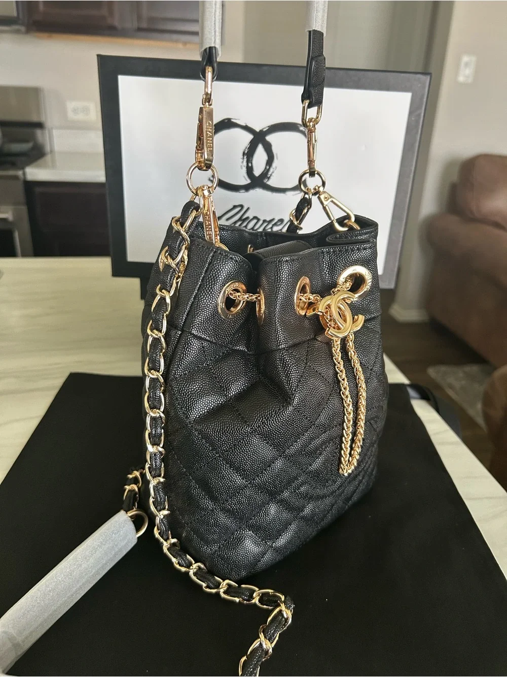 CHANEL Black Quilted Drawstring Bucket Bag with Gold Hardware VIP GWP - Picture 7 of 14